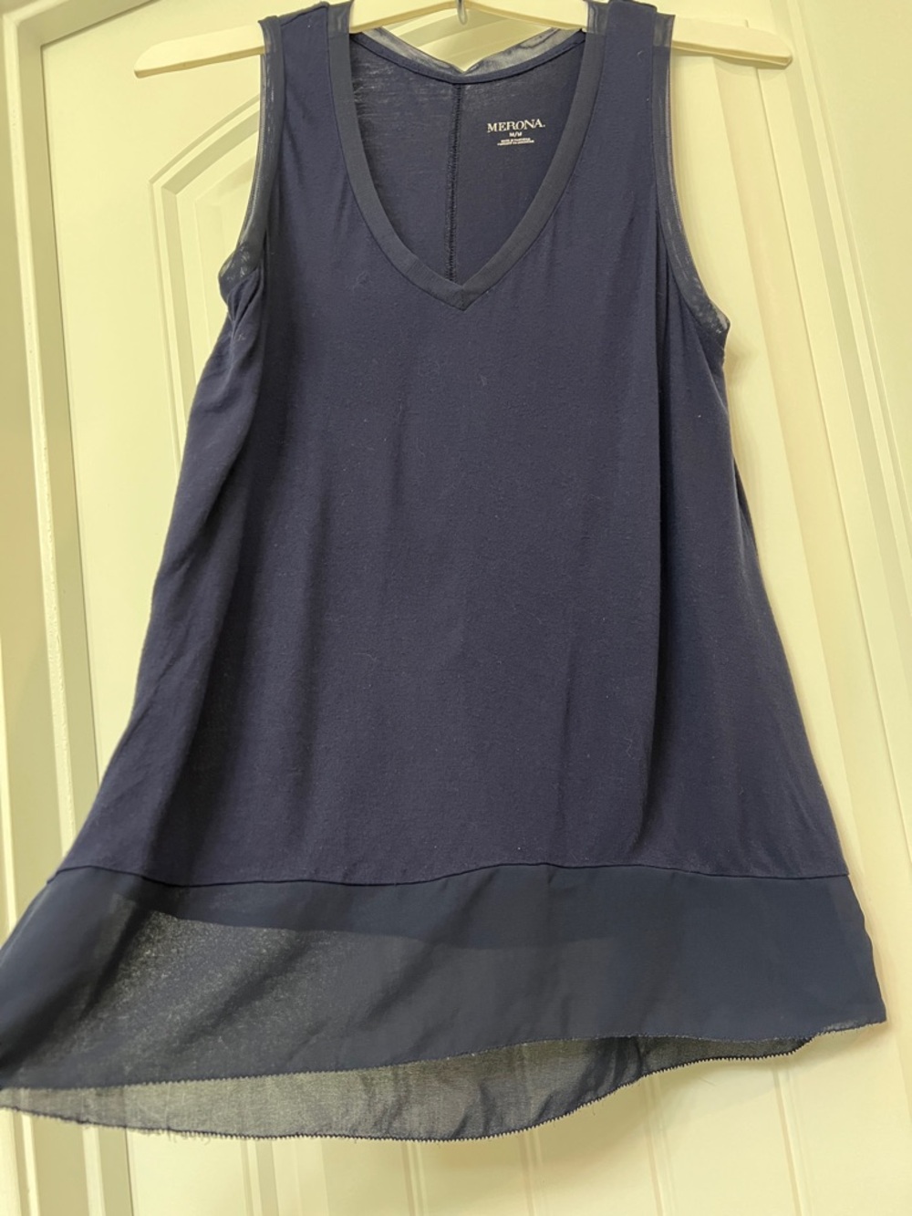 Merona‎ Navy Blue Mixed Media V-neck Tank Top [M] Rayon Sheer Trim Hem - Picture 3 of 9